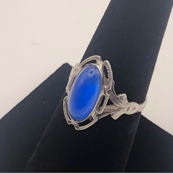 [vintage] Sterling Silver Vibrant Blue Gemstone Art Deco Ring - Size 7 - Picture 4 of 9